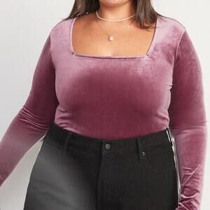 Old Navy Velvet Square Neck Bodysuit Long Sleeve L‎ Rose Pink Top